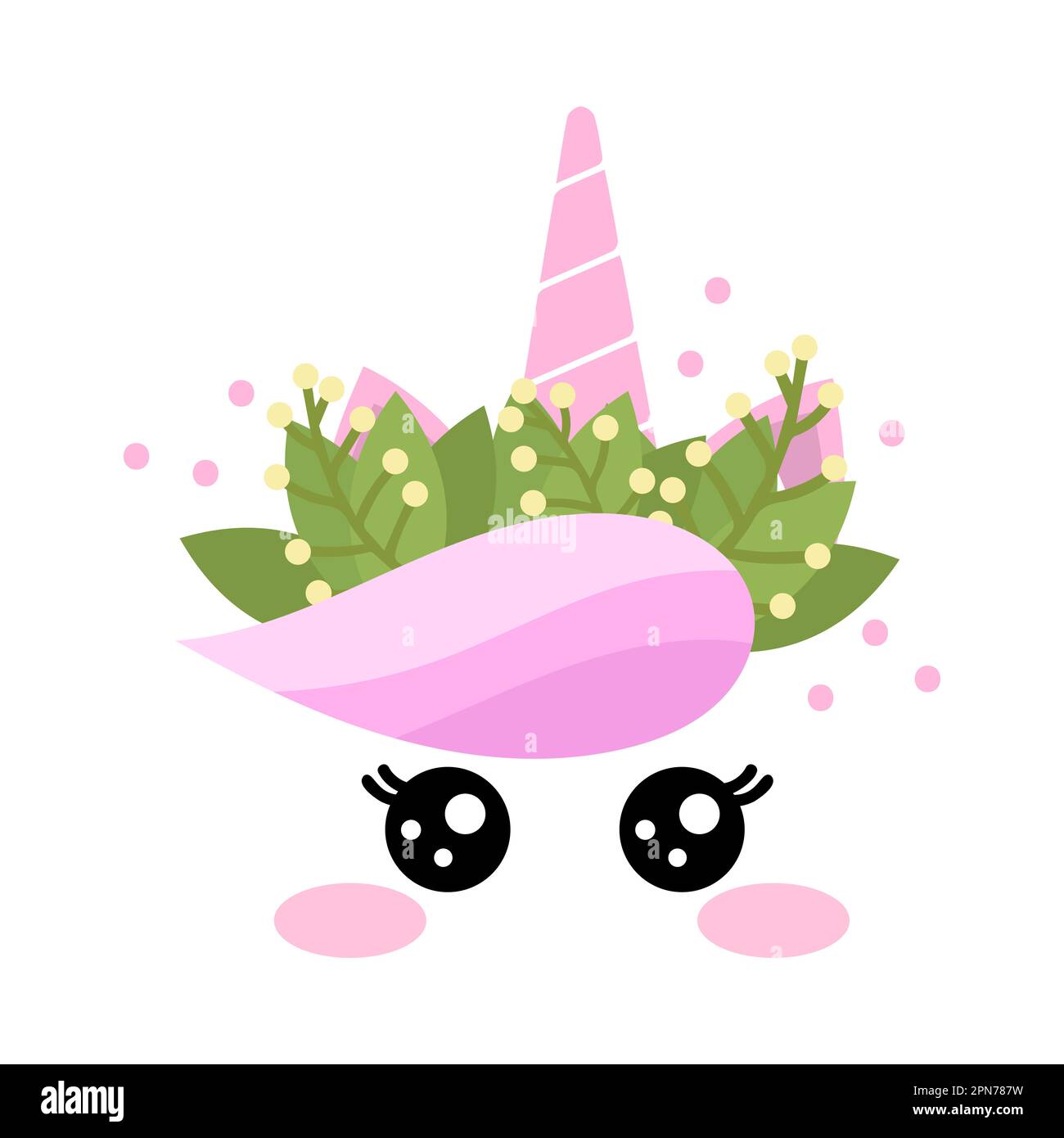 Unicorn face with pink hair and leaves cartoon illustration Stock ...