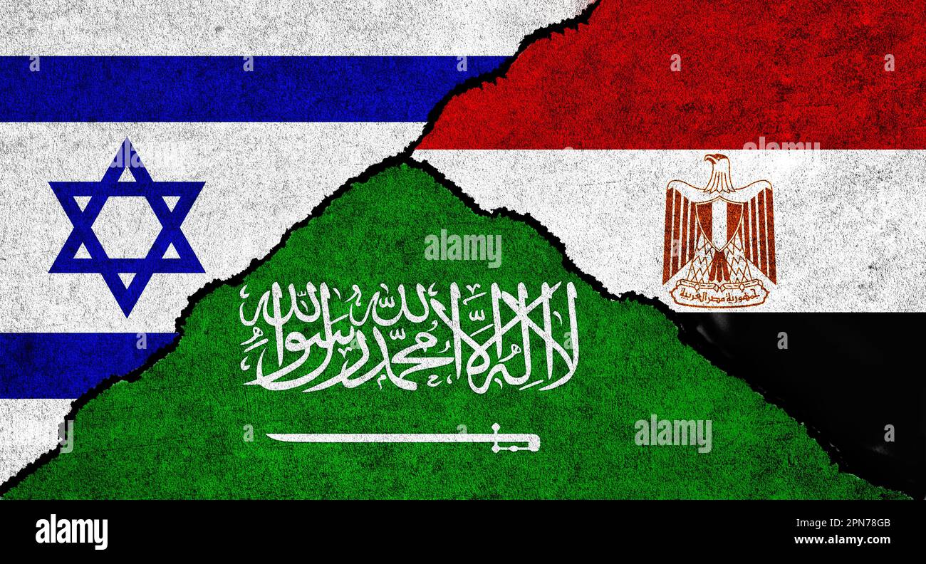 Saudi Arabia, Egypt and Israel flag together on a textured background
