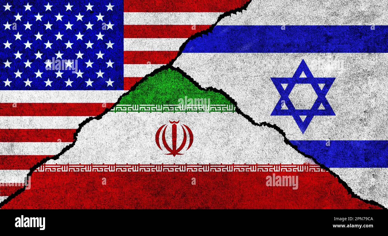 USA, Iran and Israel flag together on a textured background. Diplomatic