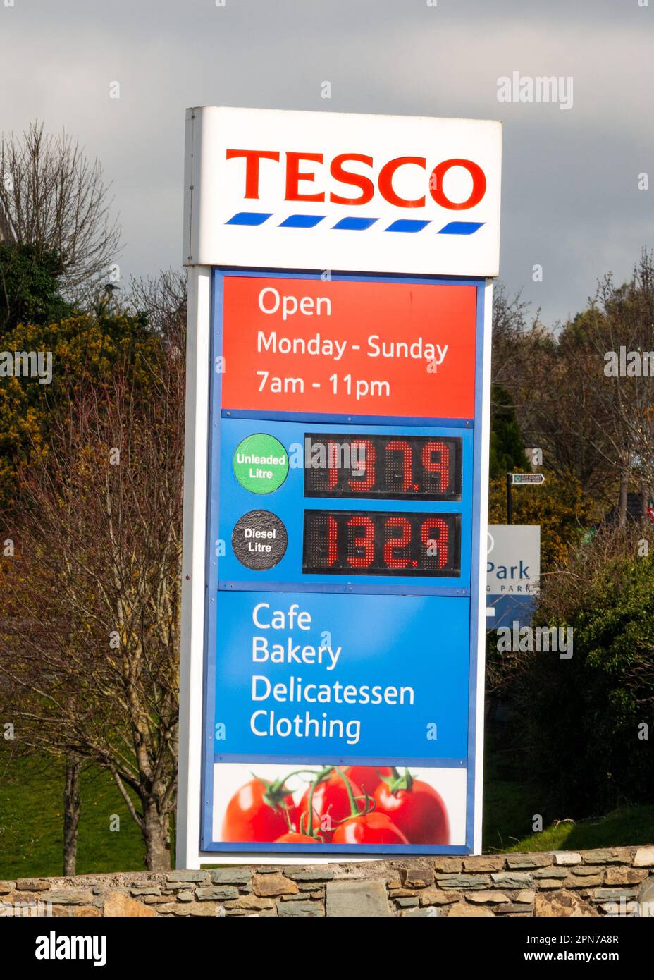 Tesco gas station price information board in Killarney, County Kerry, Ireland as of 2019 Stock Photo