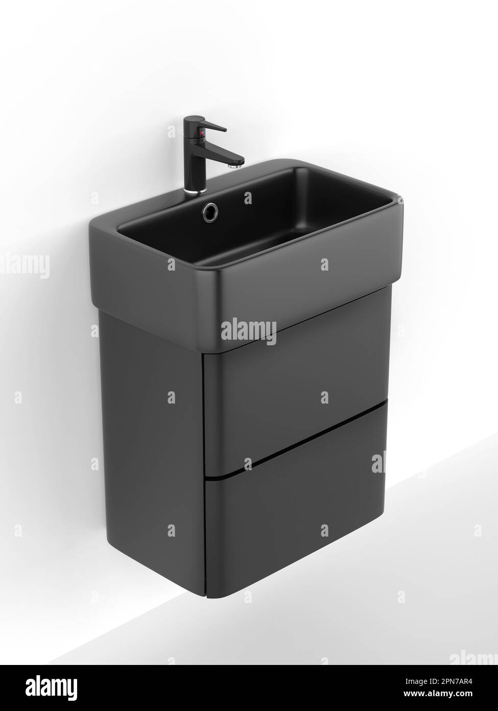 Black wall-hung wash basin cabinet and faucet on white wall Stock Photo ...