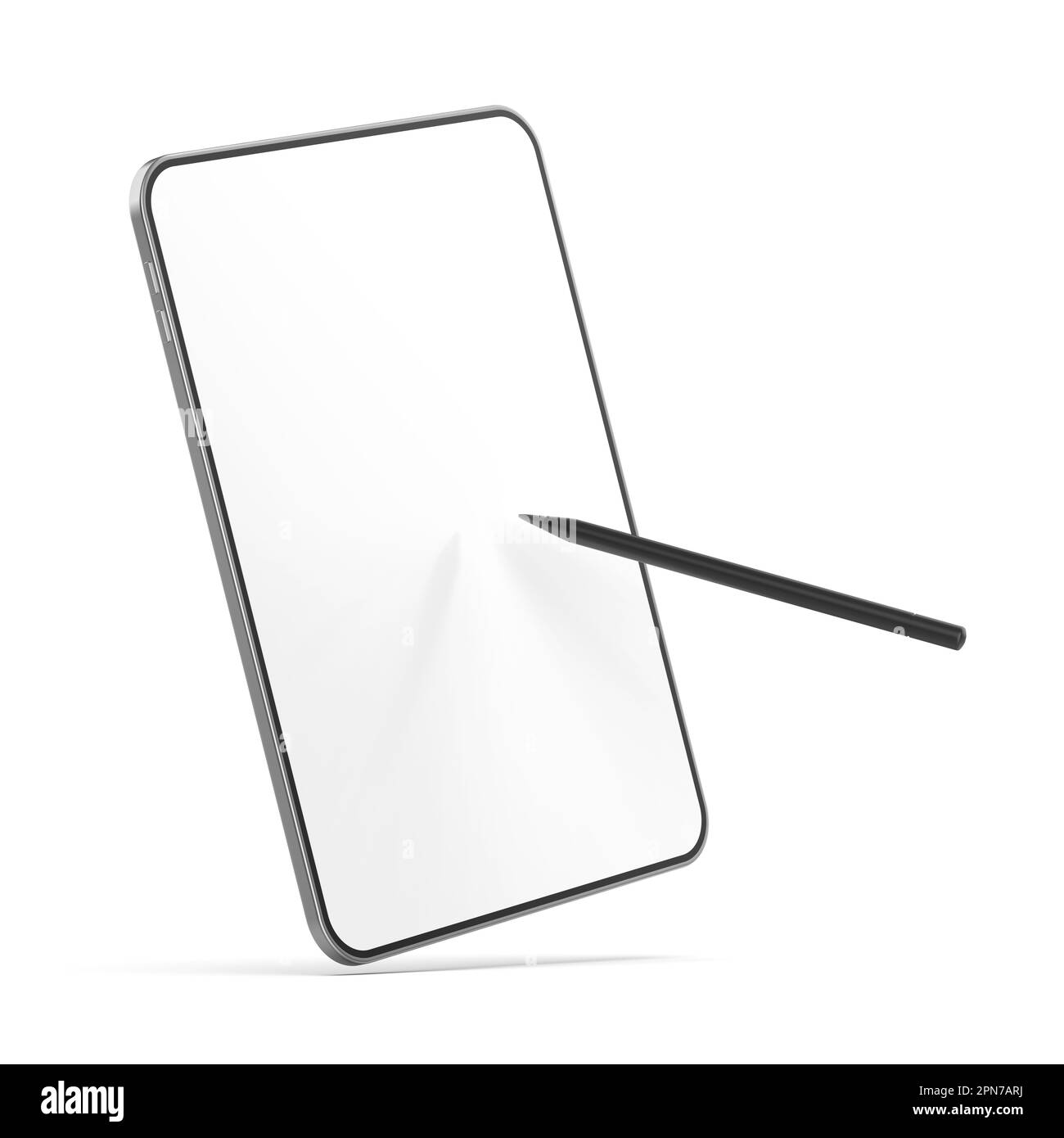 Tablet with empty screen and digital pen on white background Stock