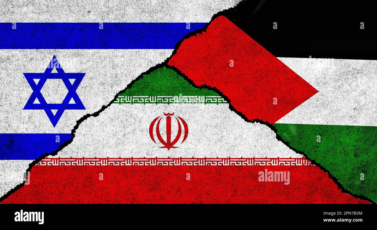Palestine, Iran and Israel flag together on a textured background