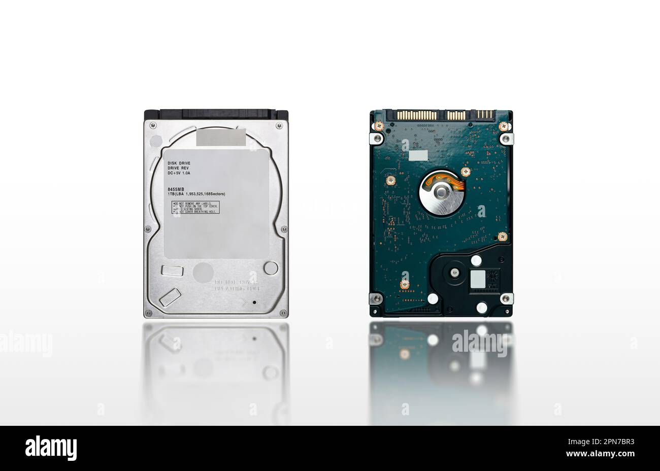 Close up front and back of hard disk drive 2.5 inch isolated on white