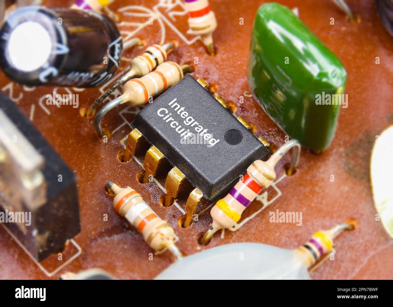Close up macro of IC integrated circuit on electronic circuit board
