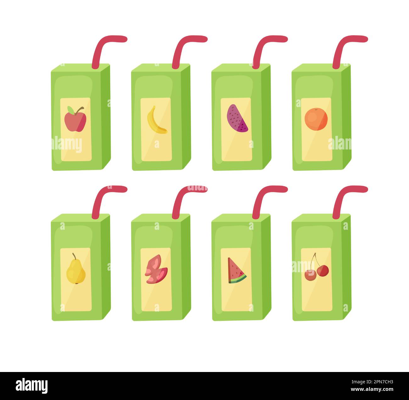 Green boxes of juice with straws vector illustrations set Stock Vector