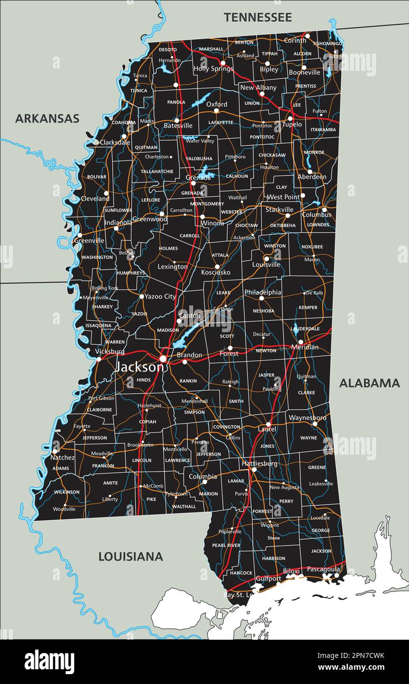 High detailed Mississippi road - High Detailed Mississippi Road Map With Labeling 2PN7CWK