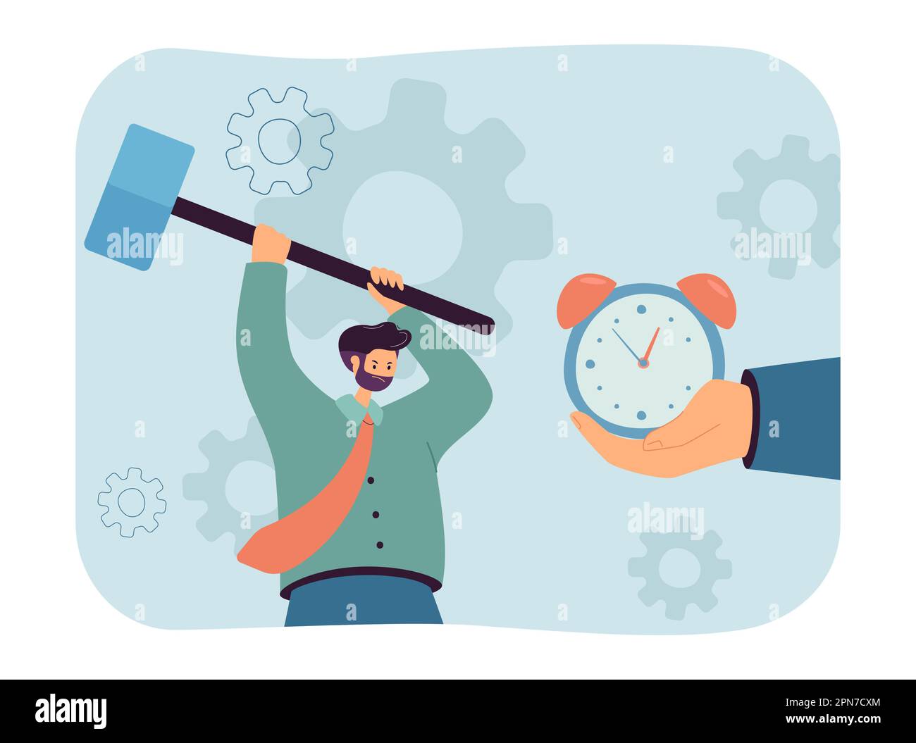 Tiny businessman breaking clock with hammer Stock Vector