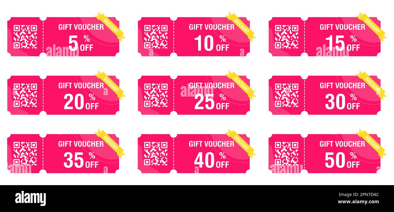 Discount coupon icon set. Pink signs of ticket with percent sign. Coupons, discount coupon, gift voucher. Money-saving shopping concept vector Stock Vector