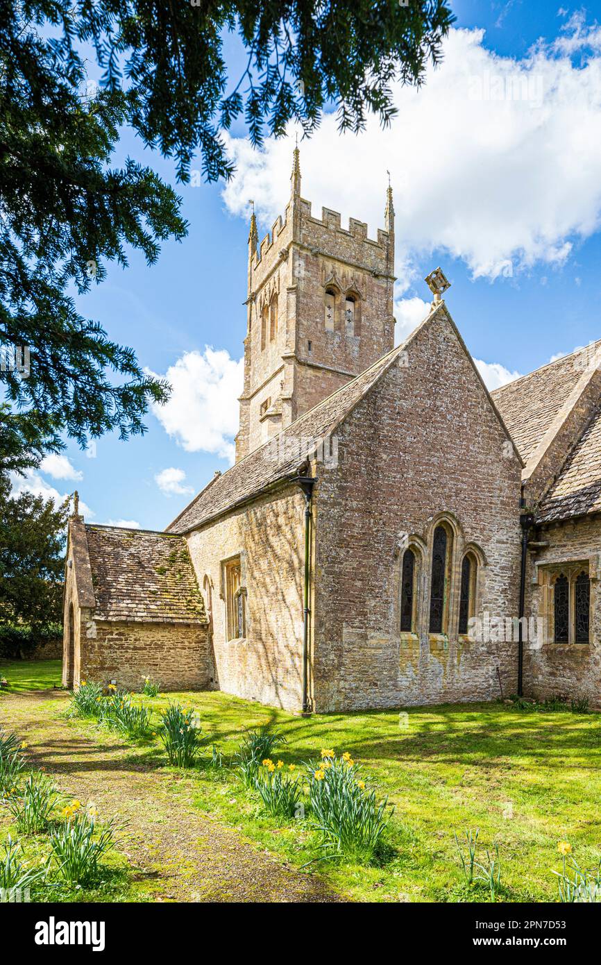 Springtime at St Matthews church in the Cotswold village of Coates, Gloucestershire, England UK Stock Photo