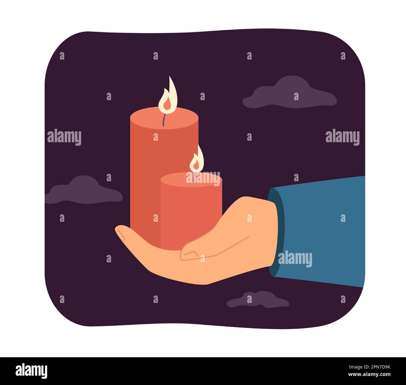 Lit candles in human hands in dark flat vector illustration Stock