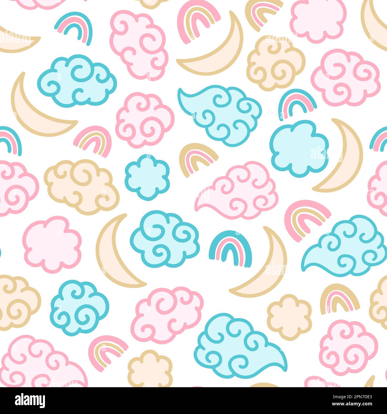 Cute Rainbows, Clouds and Moons Vector Seamless Pattern. Doodle ...