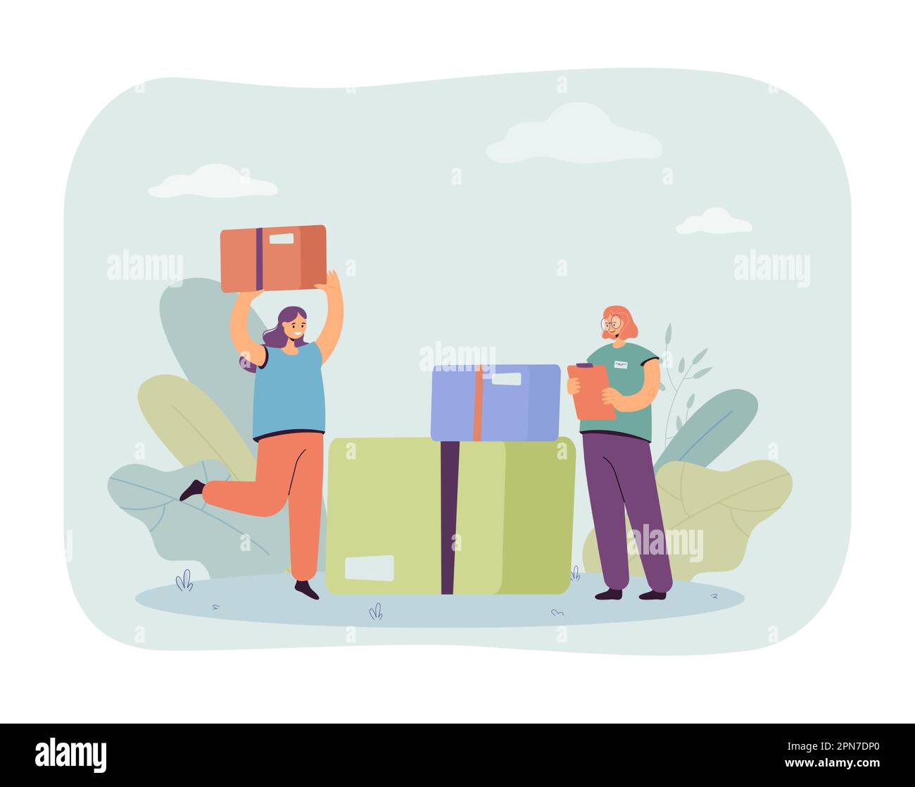 Warehouse worker and woman putting package on stack of boxes Stock Vector