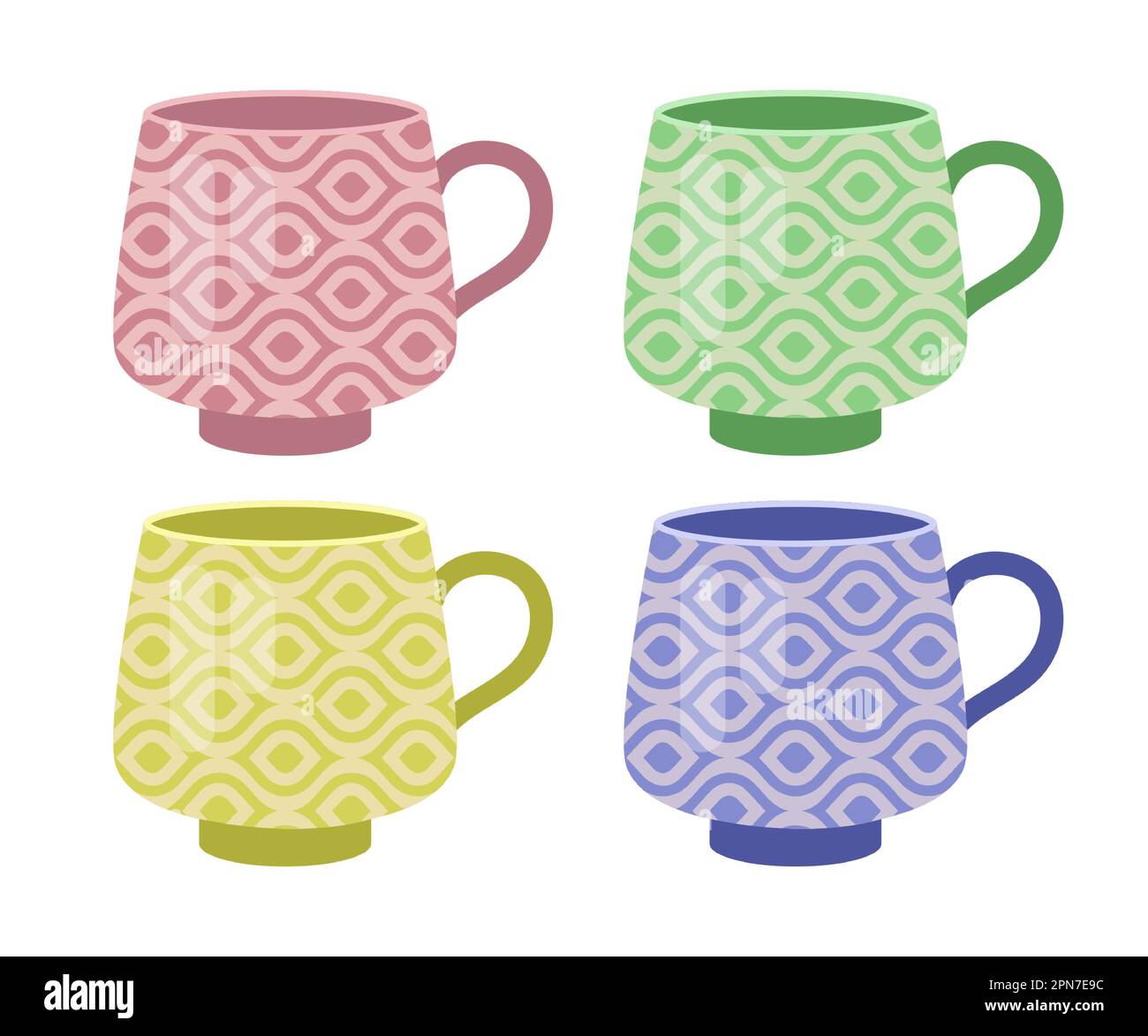 Colorful teacups with print or pattern vector illustrations set Stock Vector