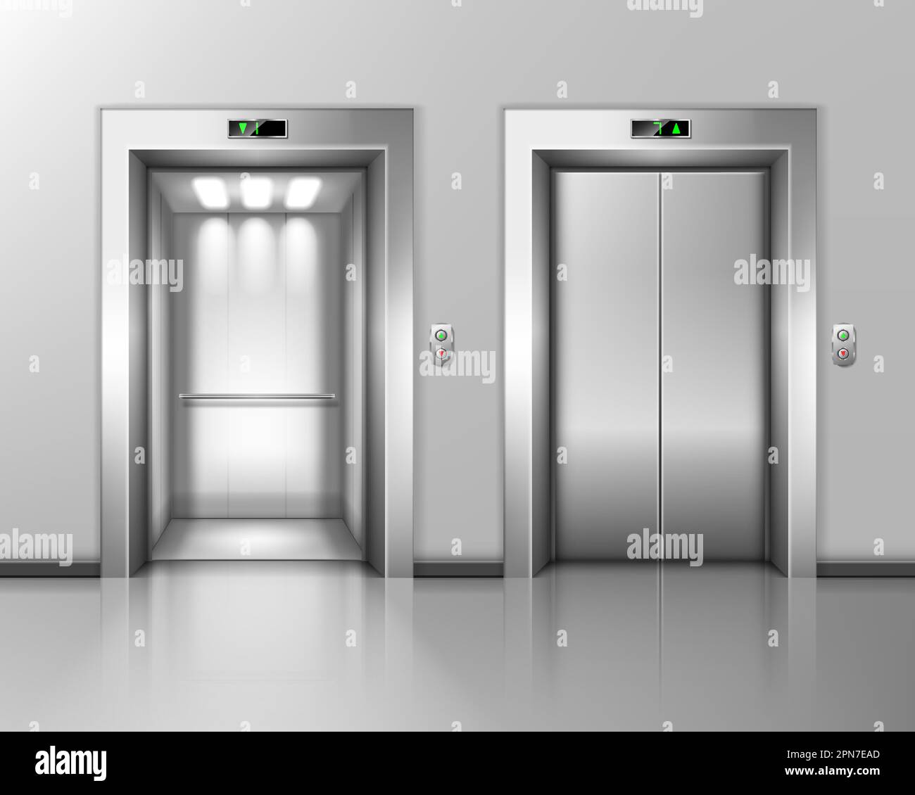 Lift doors, elevator close and open. Building hall interior with chrome