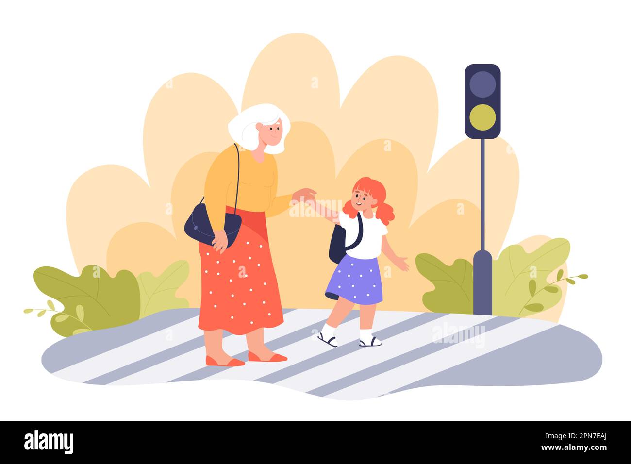 Little cartoon girl helping old woman with crossing road Stock Vector