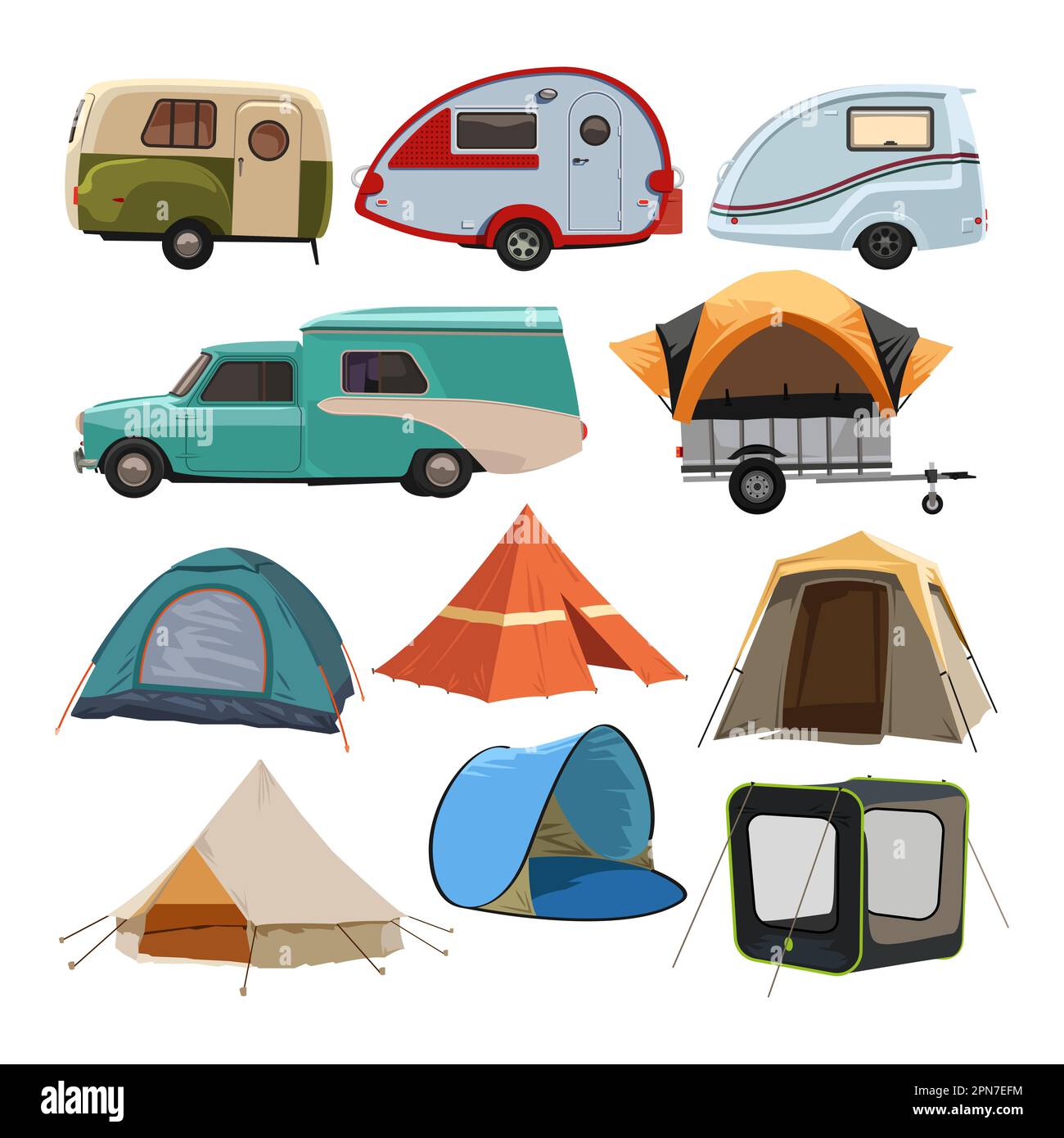 Camping transport and tents vector illustrations set Stock Vector Image ...