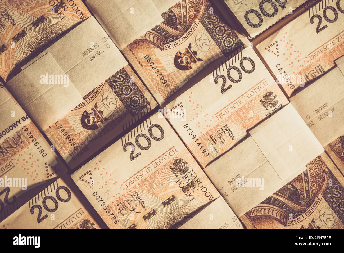 Two Hundred Polish Zloty Bills Counted and Tied Together with Currency Strap. Top View of Cash Money Bundle. Business and Financial Theme. Stock Photo