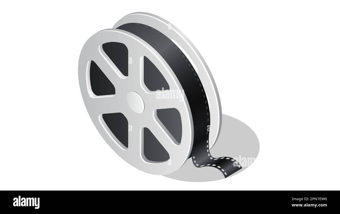 Cinema isometric icon with shadow cartoon vector illustration isolated on white background. Movie industry element, film reel or spool with cinema tape Stock Vector