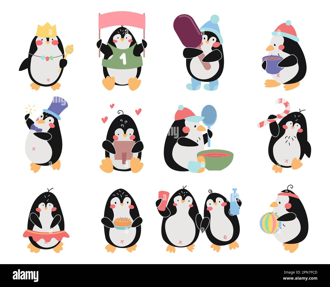 Cute happy penguins vector illustration set Stock Vector