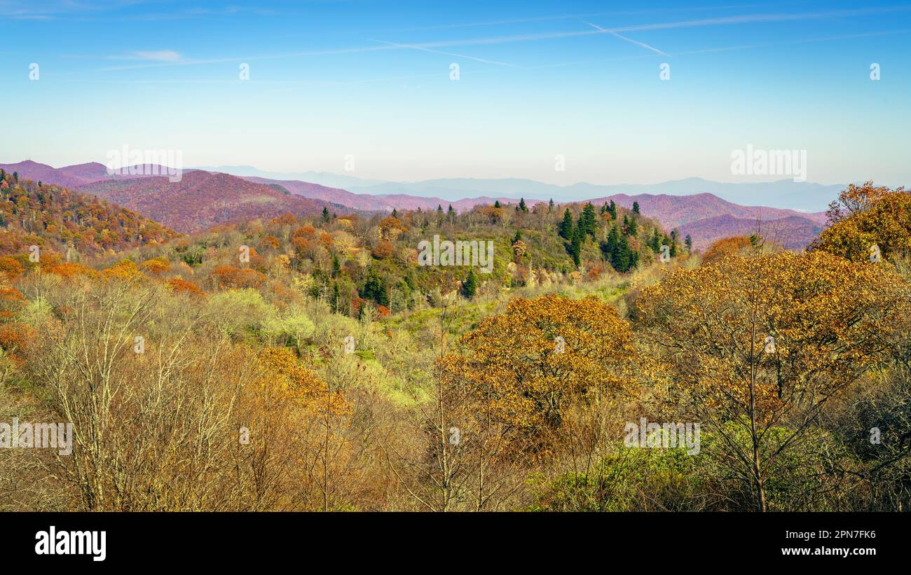Scenic view of Smoky Mountains from Blue Ridge Parkway in North Carolina in fall Stock Photo