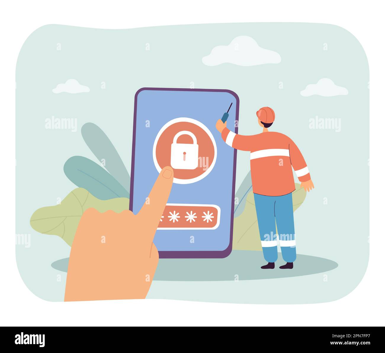 Users finger touching padlock on phone screen Stock Vector
