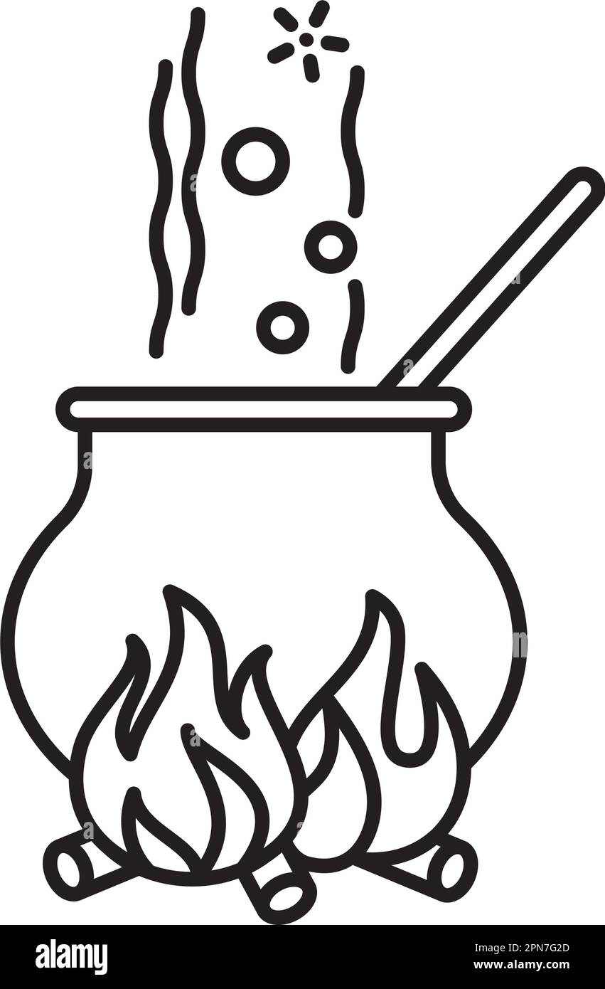 Large brewing pot on fireplace  vector line icon for Brew A Potion Day on January 19 Stock Vector