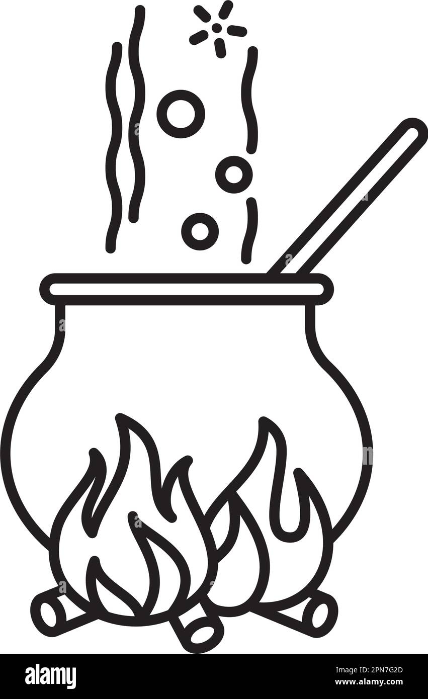 Large brewing pot on fireplace vector line icon for Brew A Potion Day