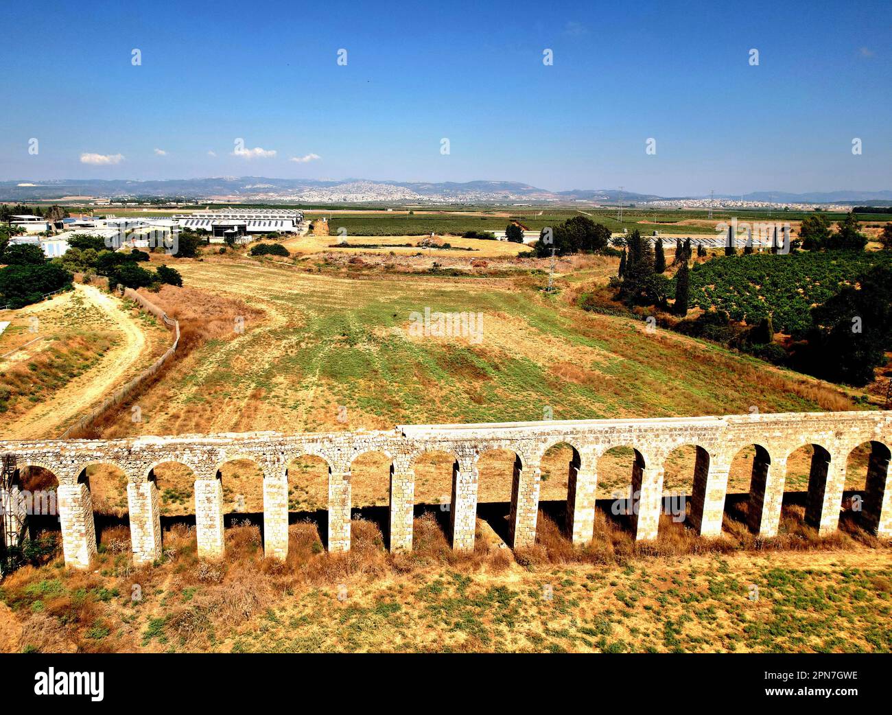 An aerial view of a large open field, Old Water aqueduct Stock Photo ...