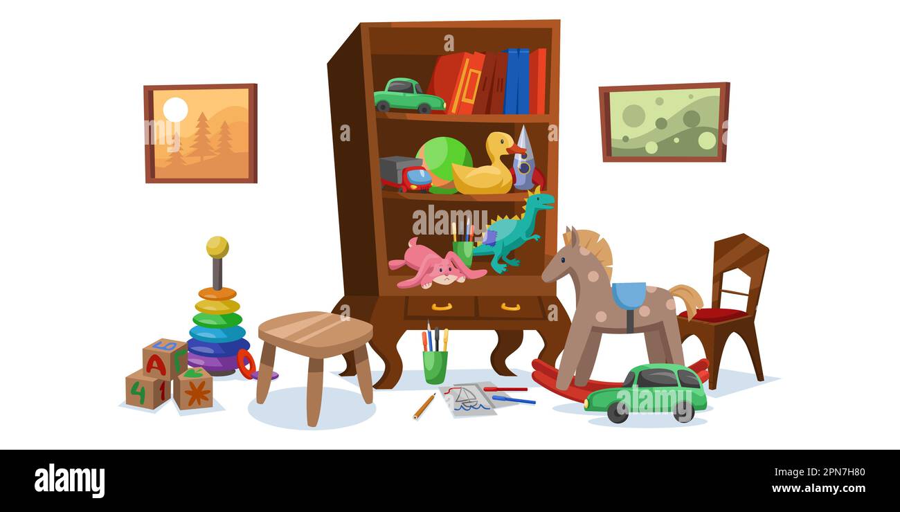 Cabinet full of books and toys vector illustration set Stock Vector