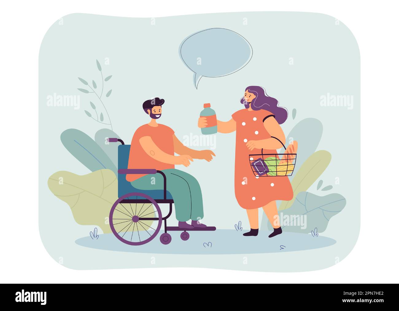 Volunteer giving grocery product to male wheelchair user Stock Vector