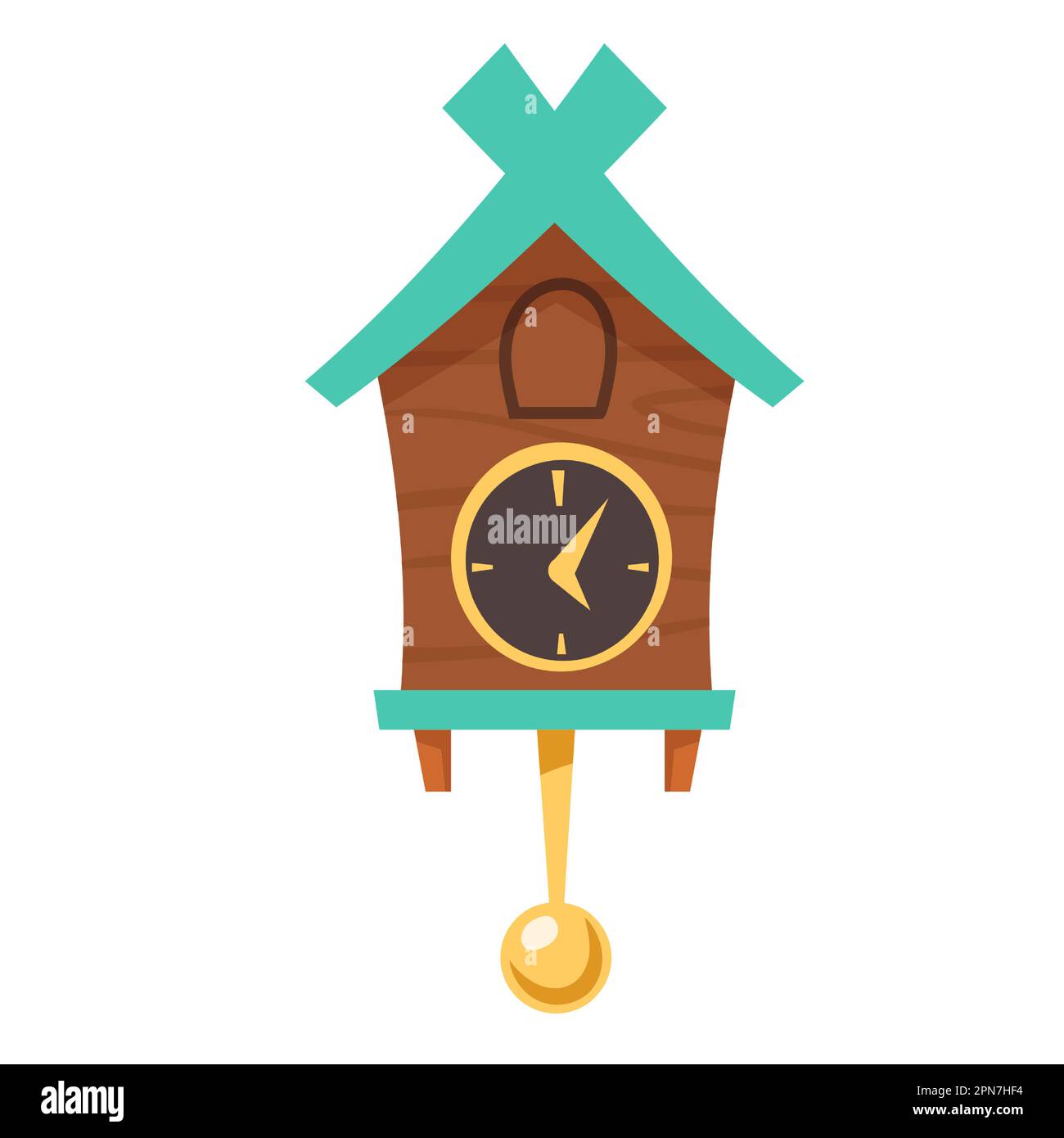 Old cuckoo clock. Vector cartoon illustration of wooden grandfather wall clock with gold