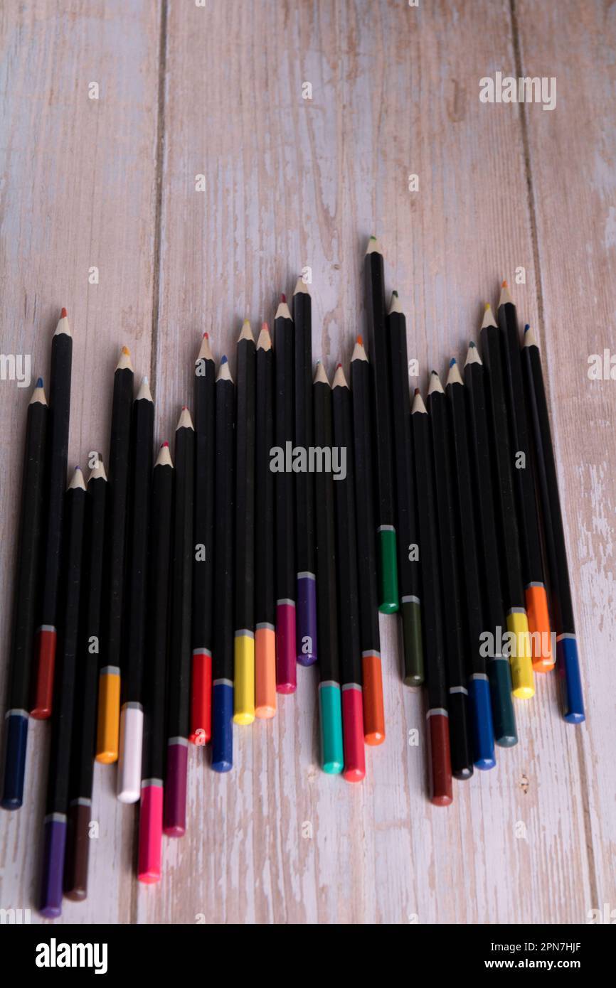 photo a lot of colored pencils for drawing from above Stock Photo