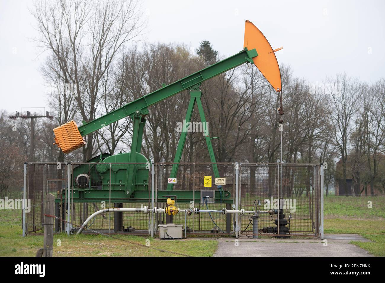 Sulingen, Deutschland. 16th Apr, 2023. ExxonMobil oil pump, oil production well, oil, oil field