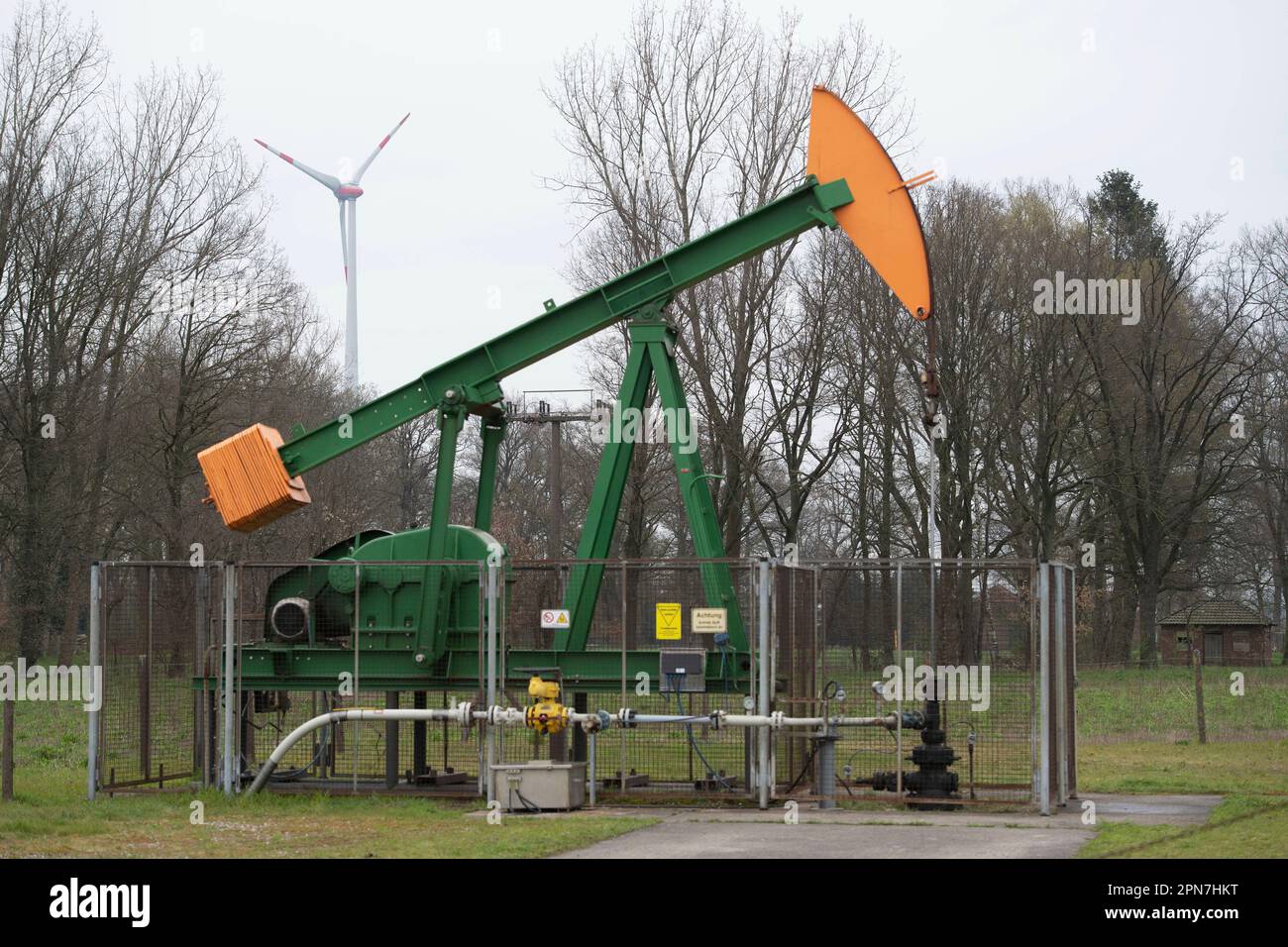 Sulingen, Deutschland. 16th Apr, 2023. ExxonMobil oil pump, oil production well, in the
