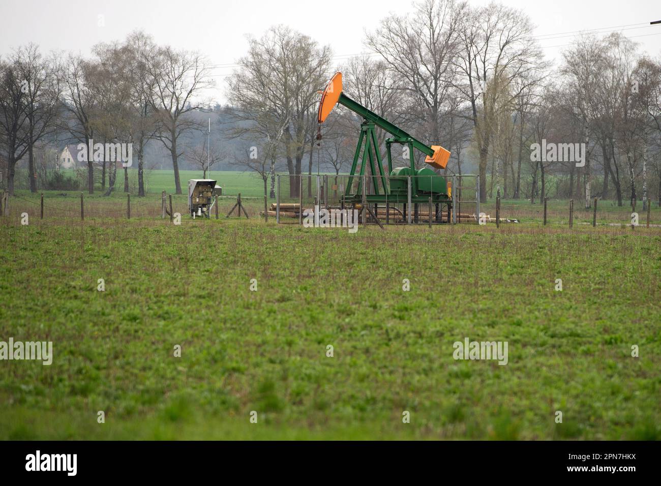 Sulingen, Deutschland. 16th Apr, 2023. ExxonMobil oil pump, oil production well, oil, oil field