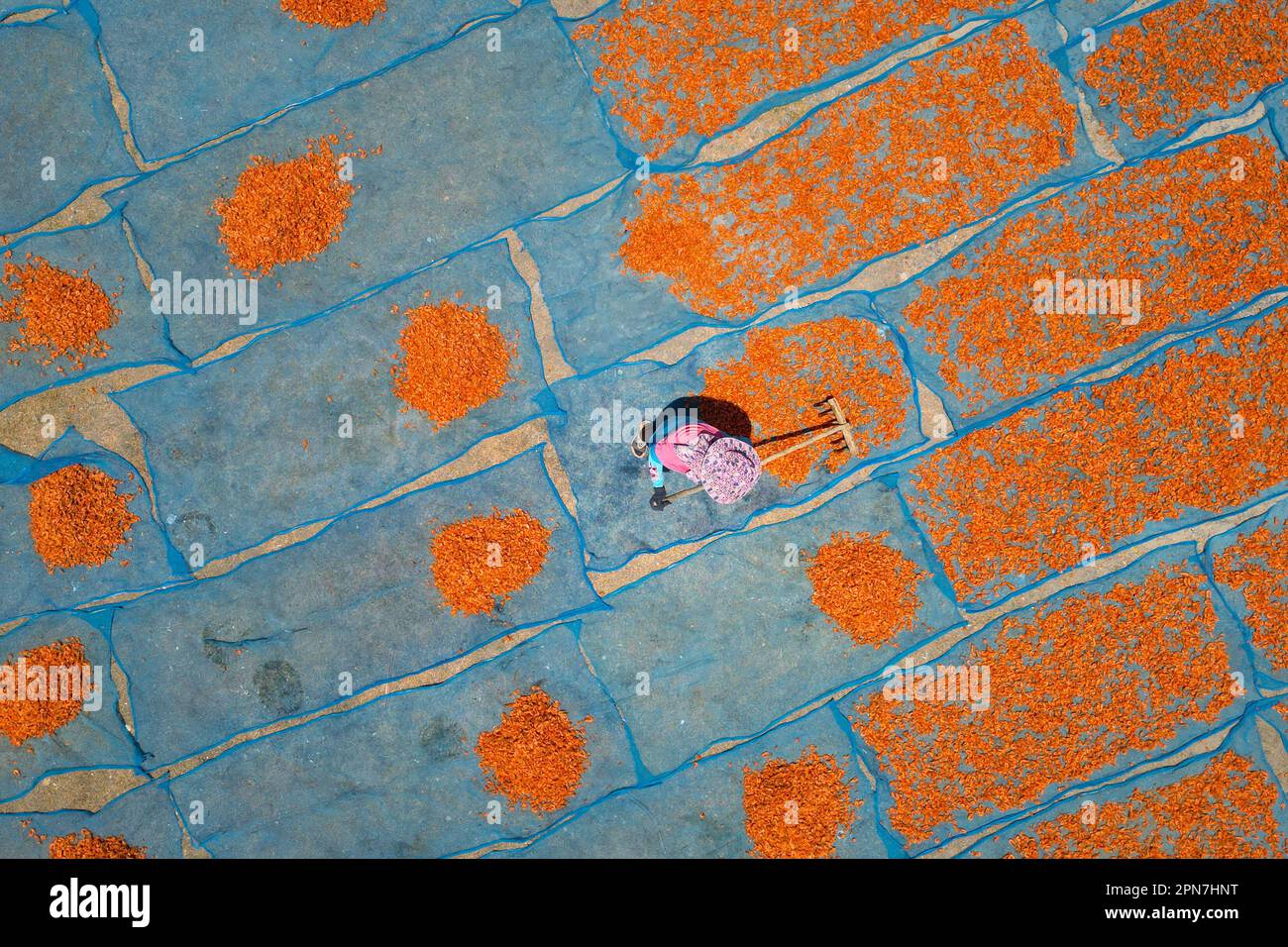 aerial view of fisherman working during drying shrimp process Stock