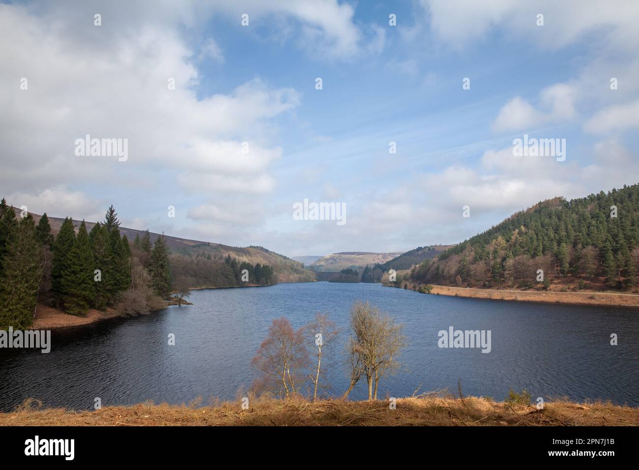 Ladybower reservoir in the Peak District in Derbyshire with a vew towards Derwent Dam as used in the Dam busters bouncing bomb test by the RAF in the Stock Photo