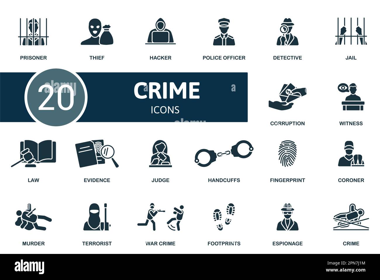 Crime set. Creative icons: prisoner, thief, hacker, police officer, detective, jail, corruption, witness, law, evidence, judge, handcuffs, fingerprint Stock Vector