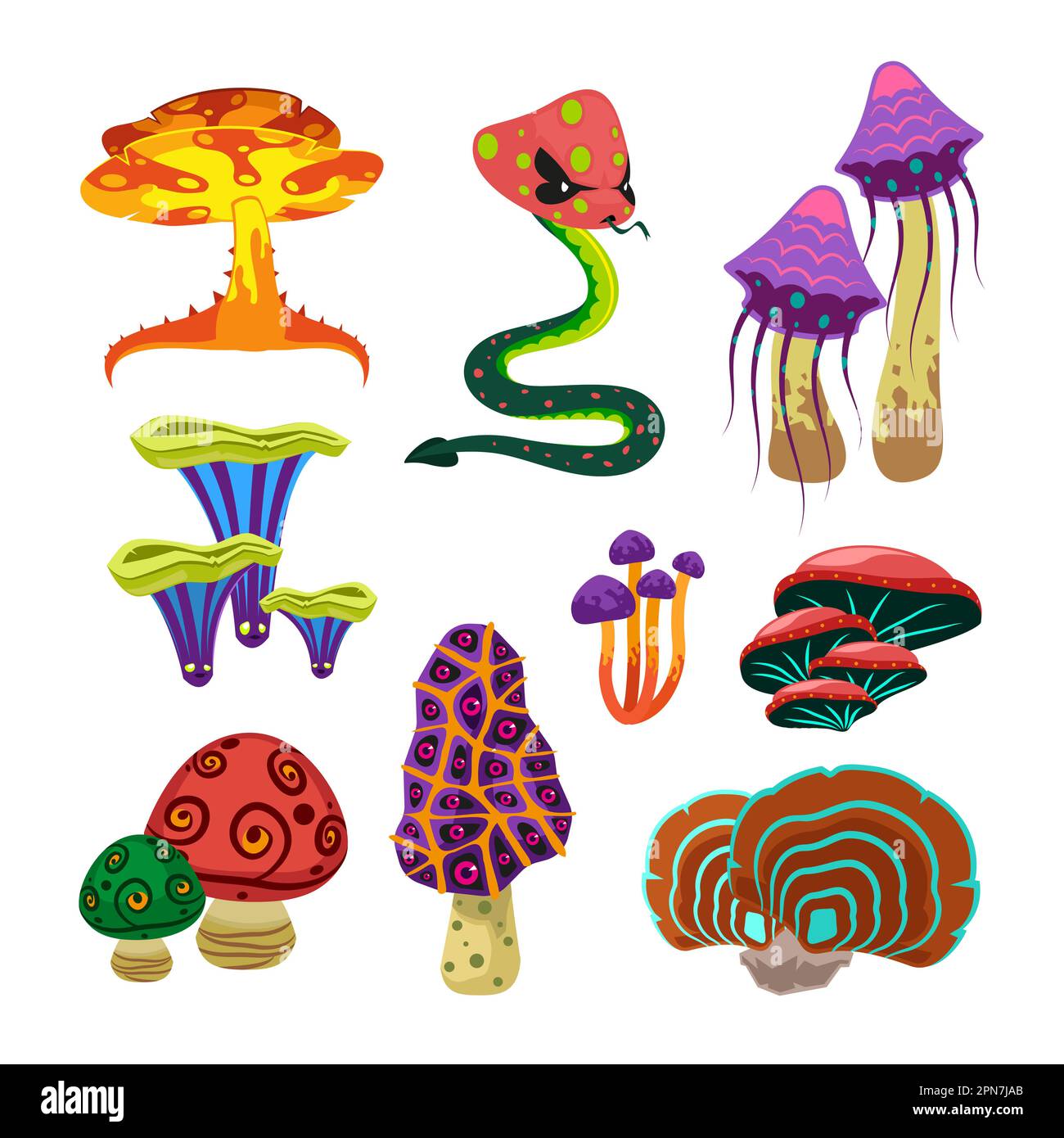 Groovy mushrooms 70s style vector illustrations set Stock Vector