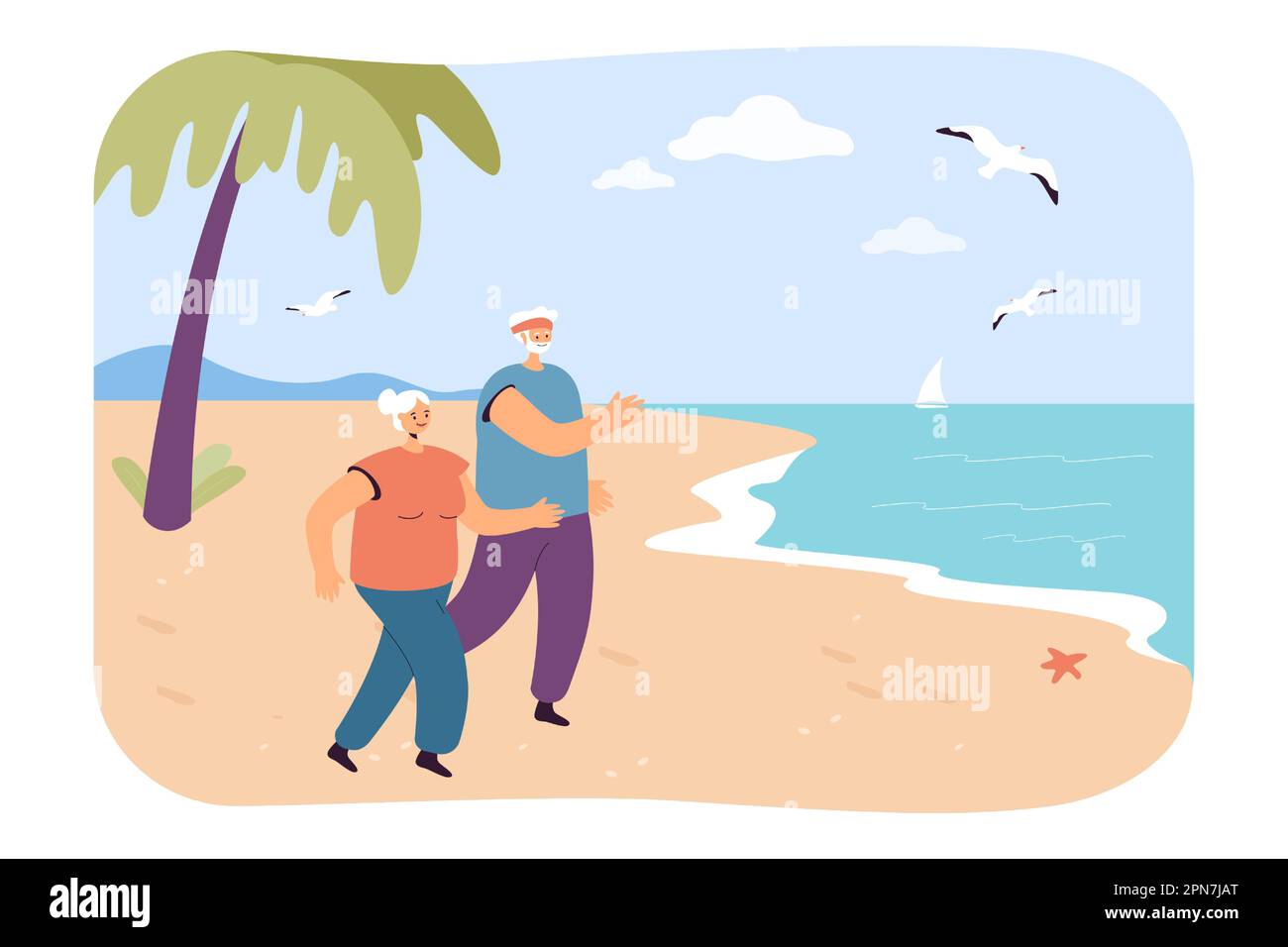 Grandfather and grandmother jogging on sea beach Stock Vector