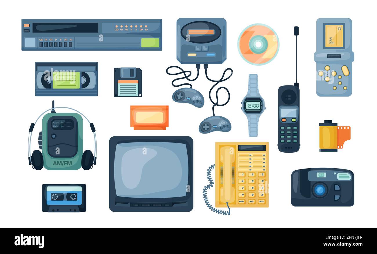 Different vintage electronics flat vector illustrations set Stock
