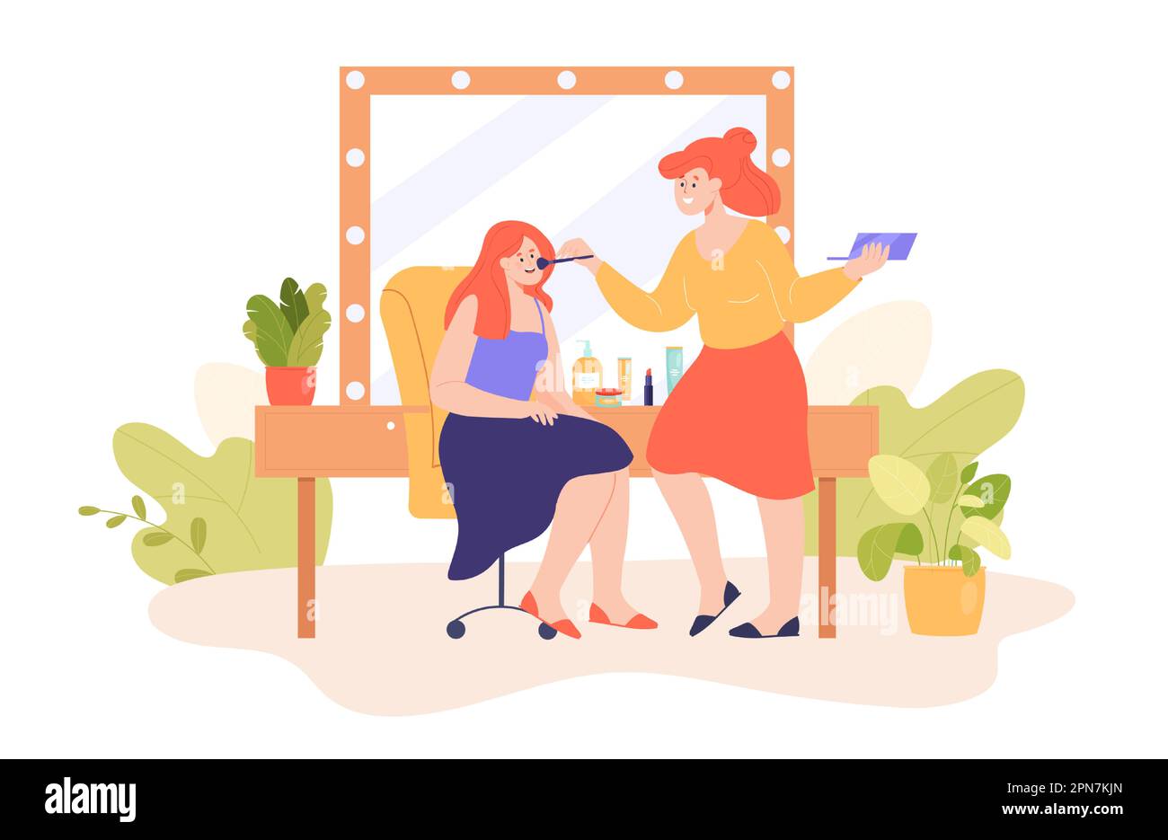 Cartoon beautician putting makeup on girl in parlor Stock Vector Image