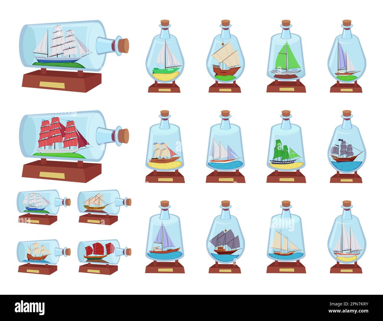 Ships inside glass bottles vector illustrations set Stock Vector Image ...