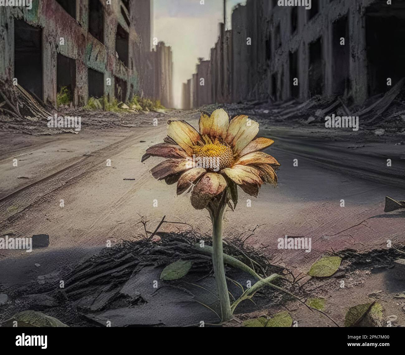 A beautiful little flower grows out of asphalt. Devastation after the war, life and death