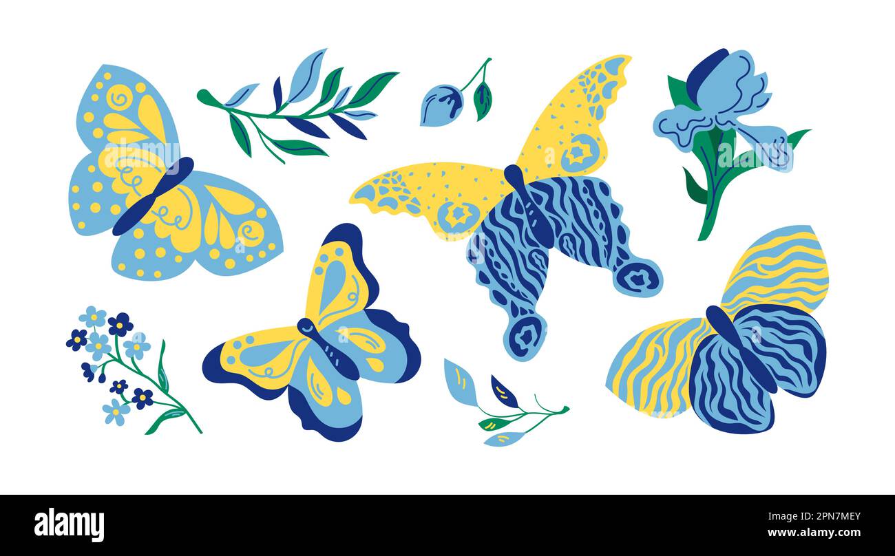Beautiful blue and yellow butterflies vector illustrations set Stock