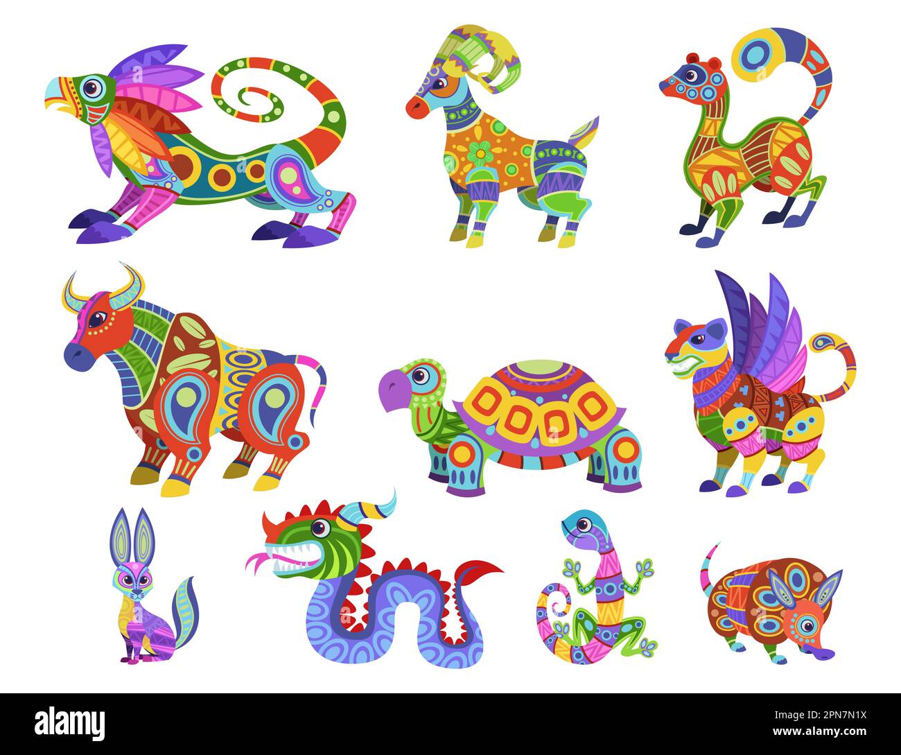 Colorful Mexican alebrijes vector illustrations set Stock Vector