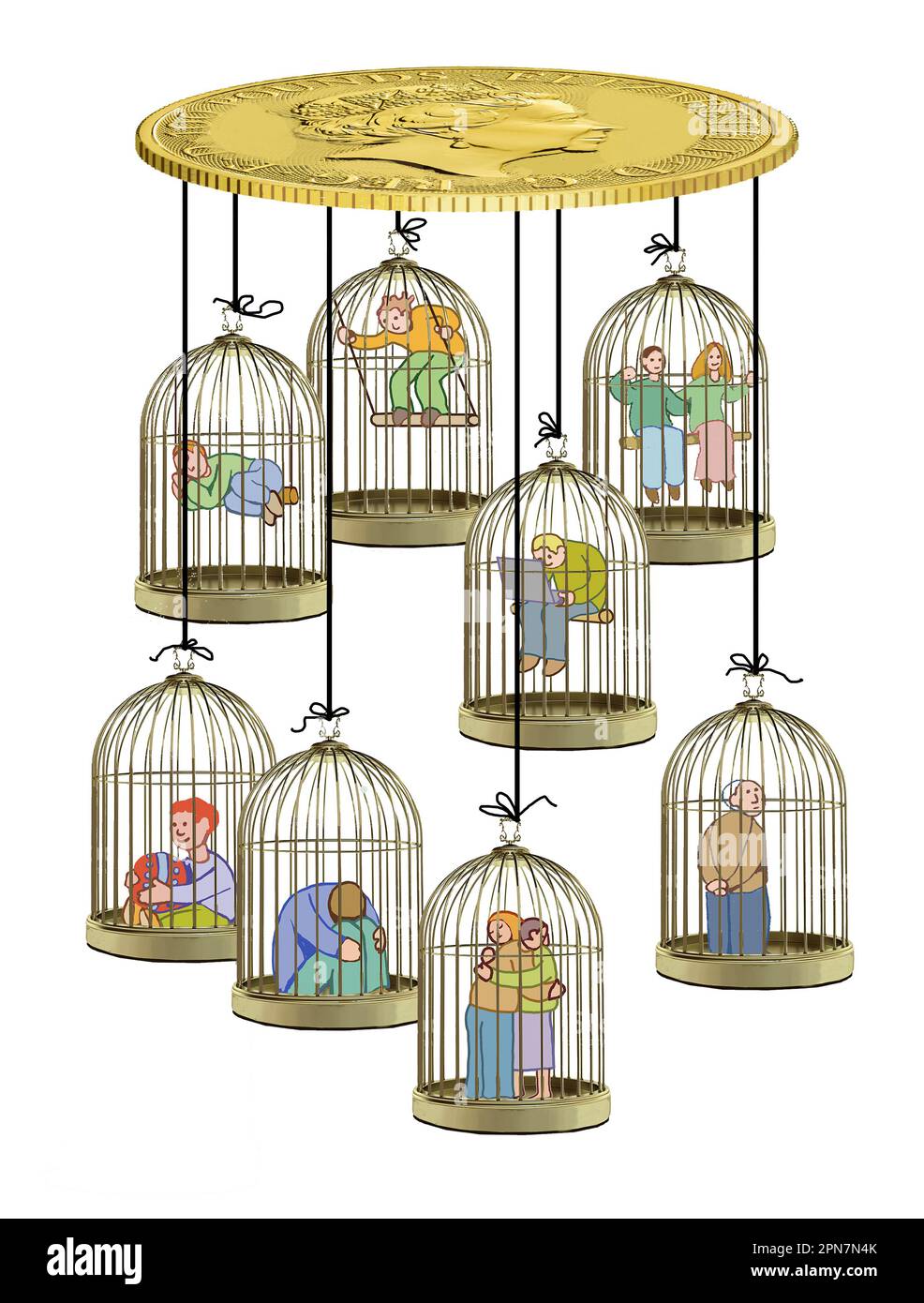 attached to a large coin there are cages with various types of people like a carousel for children, a metaphor for the deprivation of freedom within a Stock Photo