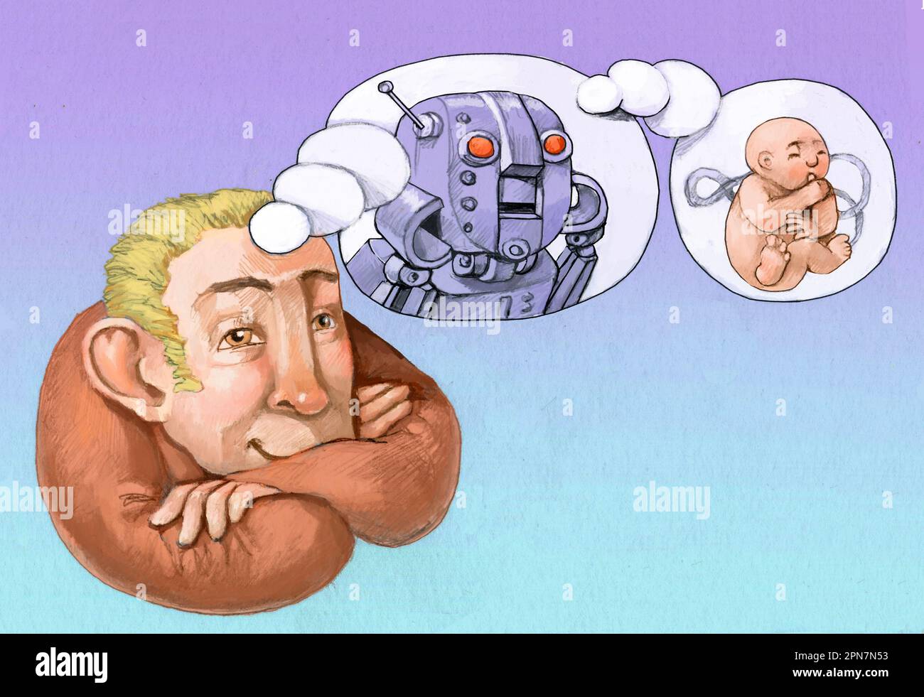 a man dreams of a robot who in turn dreams of a child, a metaphor for technology that aspires to be human Stock Photo