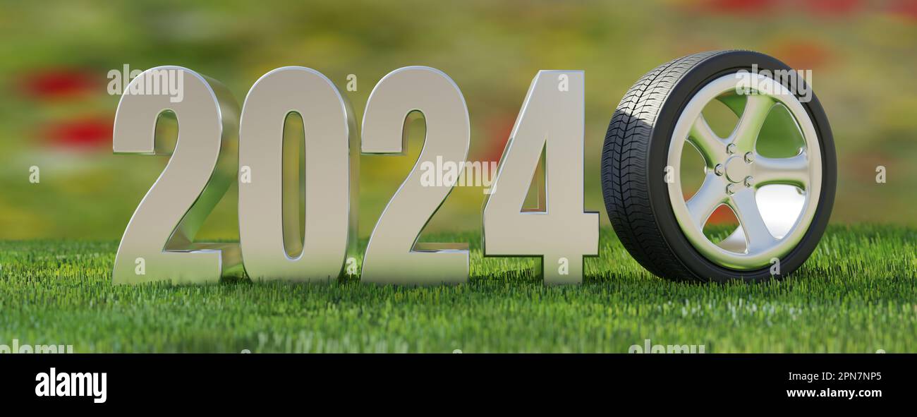 2024 New Year safe drive concept. Rim tire on alloy wheel at the end of
